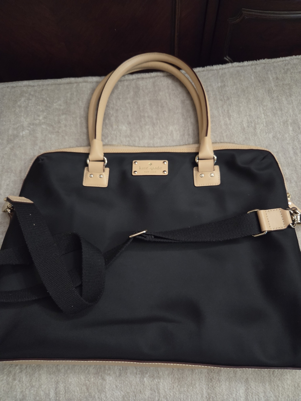 Kate Spade Black Nylon Satchel with Beige Leather Handles - Picture 6 of 8